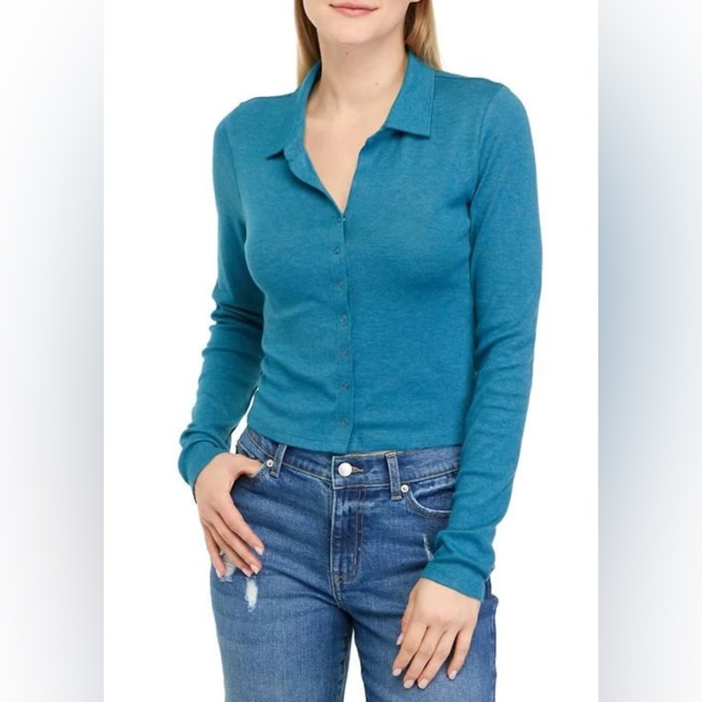 Teal Long Sleeve Button-Up Top - Picture 4 of 13